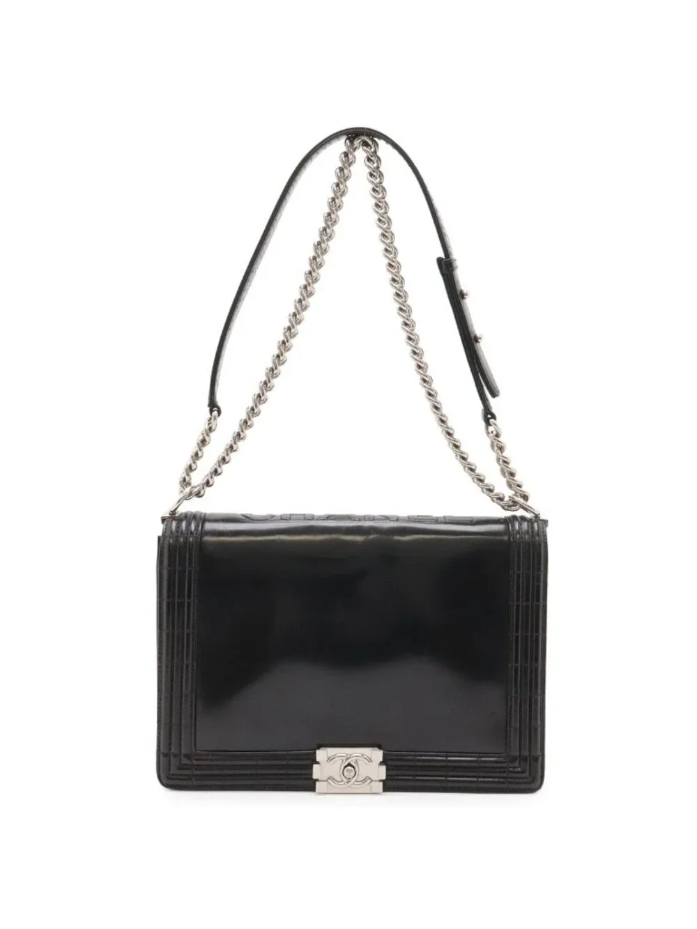 Chanel Boy Quilted CC Logo Shoulder Bag Chain Enamel Black Silver